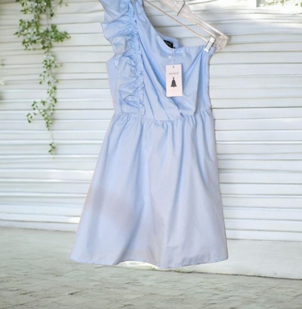 Zesica Light Blue Ruffled One Shoulder Dress, Size Small. Lined. NWT